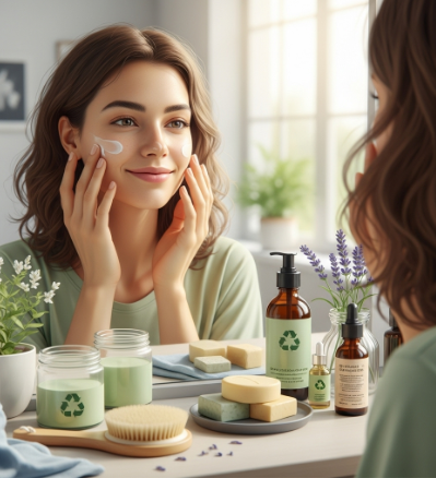 Pessoa utilizando produtos de beleza naturais e sustentáveis