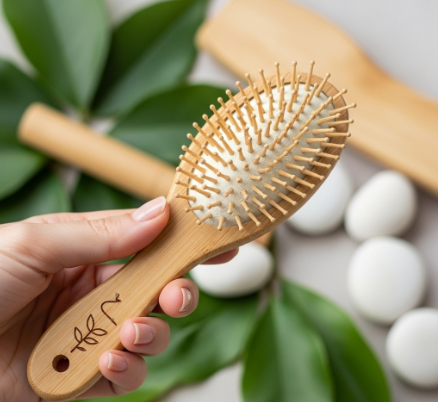 Elementos naturais, folhas verdes e uma mão segurando um item eco-friendly