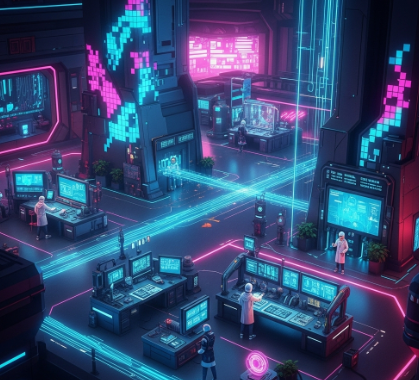 Cena do jogo Simulador Urbano 2077 - Centro de tecnologia