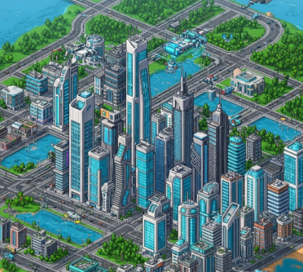 Cena do jogo Simulador Urbano 2077 - Vista aérea da cidade